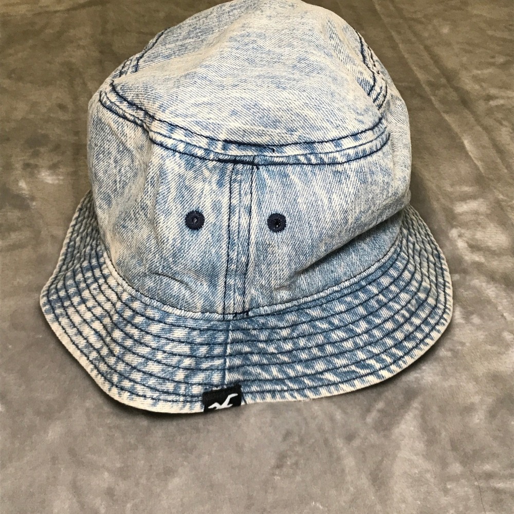 Hollister Bucket Hat One Size Light Blue Acid Wash Denim Cotton Stitched Brim